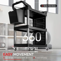 HOMCOM 3-Tier Rolling Tool Cart, 200 LBS Capacity Plastic Utility Cart with Side Shelf and Bucket, Black and Light Gray(m-5)