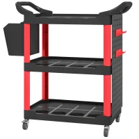 HOMCOM 3-Tier Rolling Tool Cart, 200 LBS Capacity Plastic Utility Cart with Side Shelf and Storage Bucket, Black & Red(m-1)