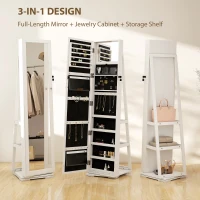HOMCOM 360° Swivel Jewelry Armoire, Lockable Mirror Jewelry Cabinet with Built-In Small Mirror, White(m-4)