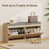 HOMCOM Shoe Bench with Flip Doors, Seat Cushion, Adjustable Shelves for 8 Pairs, Boho Entryway Bench for Bedroom, Natural Wood(m-6)