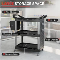 HOMCOM 3-Tier Rolling Tool Cart, 200 LBS Capacity Plastic Utility Cart with Side Shelf and Bucket, Black and Light Gray(m-4)