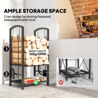 Outsunny 2-Tier Firewood Log Rack with 4 Tools, Fireplace Wood Storage Holder with Shovel, Broom, Poker, Tongs and Hooks, Black(m-4)