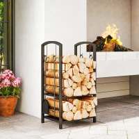 Outsunny 2-Tier Firewood Log Rack with 4 Tools, Fireplace Wood Storage Holder with Shovel, Broom, Poker, Tongs and Hooks, Black(m-8)