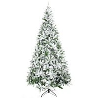 HOMCOM 9' Tall Unlit Snow Flocked Pine Artificial Christmas Tree with Realistic Branches, Green(m-1)