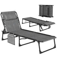 Outsunny Chaise Lounge Chair Outdoor, 5-Position Adjustable Sun Tanning Chair with Carrying Handle and Side Pocket, Folding Bed Cot with Removable Pillow for Garden, Beach, Patio, Pool, Camp, Gray(m-1)