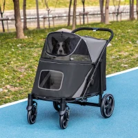 PawHut Dog Stroller for Large Medium Small Dogs up to 66 Lbs. 23.5" in Body Length, One-Click Foldable Pet Cat Stroller with Storage, Shock Absorption Wheels, Mesh Window, Safety Leash, Gray(m-10)