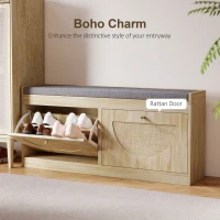 HOMCOM Shoe Bench with Flip Doors, Seat Cushion, Adjustable Shelves for 8 Pairs, Boho Entryway Bench for Bedroom, Natural Wood(m-4)