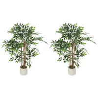 HOMCOM 4FT Artificial Banyan Tree Set of 2, Fake Potted Tree with Solid Wood Trunk and Pot for Indoor(m-2)