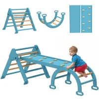 Qaba 7-in-1 Pikler Triangle Set, Foldable Wooden Climbing Toys with Arch, Ramp and Ladder for Toddlers 1-4 Years, Blue(m-11)