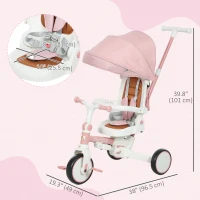 Qaba 7 in 1 Toddler Tricycle with Safety Harness, Adjustable & Removable Parent Handle, Canopy, Storage Bag, Brake, Pink(m-3)