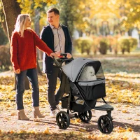 PawHut 3 Wheel Folding Dog Stroller, Travel Carrier with Adjustable Canopy, Storage Brake, Mesh Window for S&M Dogs Grey(m-8)