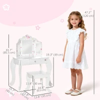 Qaba Kids Vanity Table and Stool, Makeup Vanity Girls Dressing Table Set with Tri-folding Mirrors Drawer Star and Heart Pattern, White(m-3)
