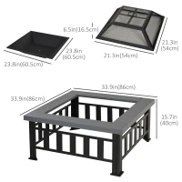 Outsunny 34" Outdoor Square Firepit Steel Stove Portable with Spark Screen Cover Log Grate Poker and Rain Cover for Outside Wood Burning and Camping Black(m-3)