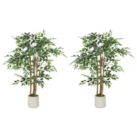 HOMCOM 4FT Artificial Banyan Tree Set of 2, Fake Potted Tree with Solid Wood Trunk and Pot for Indoor(m-11)