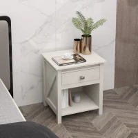 HOMCOM Bedside Table, Farmhouse Nightstand with with Drawer and Storage Shelf, Night Table for Bedroom, White(m-9)