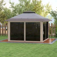Outsunny 13' x 13' Pop Up Gazebo Instant Canopy Tent Shelter with 2-Tier Roof, Carry Bag, Wight Bags for Outdoor, Garden, Gray(m-10)