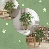 HOMCOM 4FT Artificial Banyan Tree Set of 2, Fake Potted Tree with Solid Wood Trunk and Pot for Indoor(m-7)