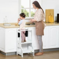 Qaba 2-in-1 Kids Kitchen Helper Step Stool, Detachable Toddler Table and Chair Set, Children Standing Tower for Kitchen Counter with Safety Rail Chalkboard, White(m-10)