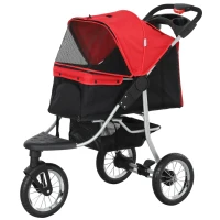 PawHut Luxury Pet Stroller Lightweight Dog Cat Travel Carriage with 3-Rubber Wheels, One-click Folding Design, Adjustable Canopy, Zippered Mesh Window Door, Red(m-11)