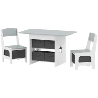 Qaba 3 Piece Kids Table and Chair Set with 6 Removable Drawers, for Classroom, Living Room, Bedroom, Nursery, Light Grey(m-2)