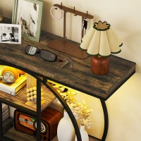 HOMCOM 4-Tier Entryway Table with Charging Station LED Lights 39" Console Table with Circle Base for Living Room, Rustic Brown(m-10)