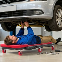 HOMCOM Automotive Z Creeper Seat, 2-in-1 330 lbs Rolling Garage Mechanic Creeper & Stool with Pad, 6 Wheels, Red(m-1)