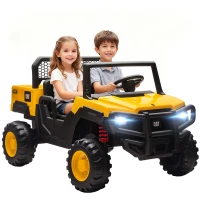 Qaba 24V Kids Ride on Tractor, 4WD 2 Seater Licensed Caterpillar Electric Vehicle with Remote Control, Dump Bed, Yellow(m-11)