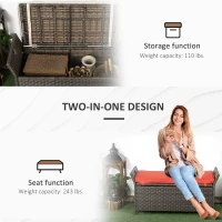 Outsunny 29 Gallon Patio Wicker Storage Bench, Outdoor PE Rattan Patio Furniture, 2-In-1 Large Capacity Rectangle Garden Storage Box with Handles and Cushion, Red(m-6)