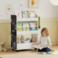 Qaba Kids Bookshelf, Kids Bookcase with Wheels & Blackboard, for Nursery, Kids Room, Playroom, for 3-8 Years(m-1)