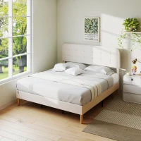 HOMCOM King Size Bed Frame with Adjustable Headboard Upholstered Platform Bed Frame with Wood Slat Support Noise Free White(m-1)