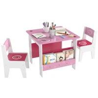 Qaba 3 Pieces Kids Table and Chair Set with Bookshelves, for Classroom, Home, Nursery, Playroom, for Read, Draw, Art, Pink(m-11)