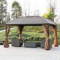 Outsunny 10' x 13' Hardtop Gazebo with Curtains, Netting, Pavilion with Steel Roof Ceiling Hook for Garden Patio, Brown(m-2)