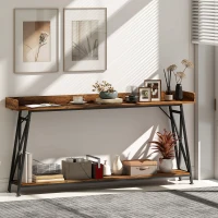 HOMCOM 71" Extra Long Console Table with Storage Shelf and Guardrails, Industrial Entryway Table for Living Room, Rustic Brown(m-9)