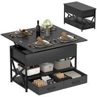 HOMCOM Modern Coffee Table, Lift Top Center Table with Fabric Drawers and Hidden Storage for Living Room, Distressed Black(m-11)