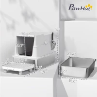 PawHut Extra Large Stainless Steel Cat Litter Box for Big Cats with Flip Cover, High-Sided Enclosure & Scoop(m-3)