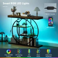 HOMCOM 4-Tier Entryway Table with Charging Station LED Lights 39" Console Table with Circle Base for Living Room, Rustic Brown(m-5)