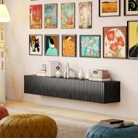 HOMCOM 55" Floating TV Stand for TVs up to 72 Inch, Wall Mount Media Console with 2 Fluted Flip-Down Doors, Cable Hole, Black(m-9)