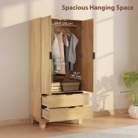 HOMCOM Modern Wardrobe Closet, Freestanding Armoire with Soft-Close Doors, 2 Drawers and Hanging Rod for Bedroom, Natural(m-4)