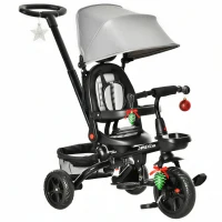 Qaba Tricycle for Toddler 4 in 1 Kids Trike with Reversible Adjustable Seat, Baby Push Bike with Removable Handle, Curved Canopy, Belt Storage Brake Clutch for 1-5 Years, Grey(m-2)