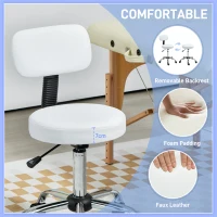 HOMCOM Adjustable Rolling Stool with Removable Backrest, Faux Leather Swivel Stool Chair for Salon Spa, Bar, Massage, White(m-4)