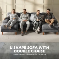 HOMCOM U Shape Couch with Double Chaise Lounge, Modern 4 Seater Sofa with Wooden Legs, Fabric Sofa for Living Room, Dark Grey(m-4)