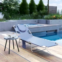 Outsunny Folding Outdoor Chaise Lounge Sun Tanning Chair with Face Cavity, Pillow, 5-level Adjustable for Beach, Pool, Gray(m-9)