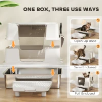 PawHut XL Stainless Steel Litter Box w/ 100° Flip Top, Scoop, Step, Top & Side Entry Enclosed Litter Box for Big Cats(m-5)