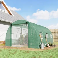 Outsunny Walk-in Tunnel Greenhouse, Plant Hot House w/ Support Rods, Roll-up Mesh Door, Mesh Windows, 13'x9.8'x6.6', Green(m-1)