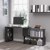 HOMCOM 360° Rotating Home Office Desk L Shaped Corner Computer Desk with Storage Shelves, Writing Table Workstation, Black(m-2)