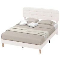 HOMCOM Queen Size Bed Frame with Adjustable Headboard Upholstered Platform Bed Frame with Wood Slat Support Noise Free White(m-2)