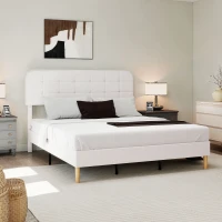 HOMCOM King Size Bed Frame with Adjustable Headboard Upholstered Platform Bed Frame with Wood Slat Support Noise Free White(m-10)