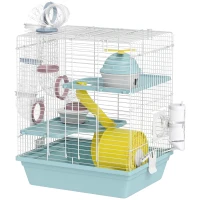 PawHut 3-Level Hamster Cage with Exercise Wheel, Play Tube, Water Bottle, Food Dish, Hut, Ladder, Blue(m-2)