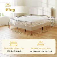 HOMCOM King Size Bed Frame with Adjustable Headboard Upholstered Platform Bed Frame with Wood Slat Support Noise Free White(m-3)