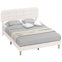 HOMCOM Queen Size Bed Frame with Adjustable Headboard Upholstered Platform Bed Frame with Wood Slat Support Noise Free White(m-11)